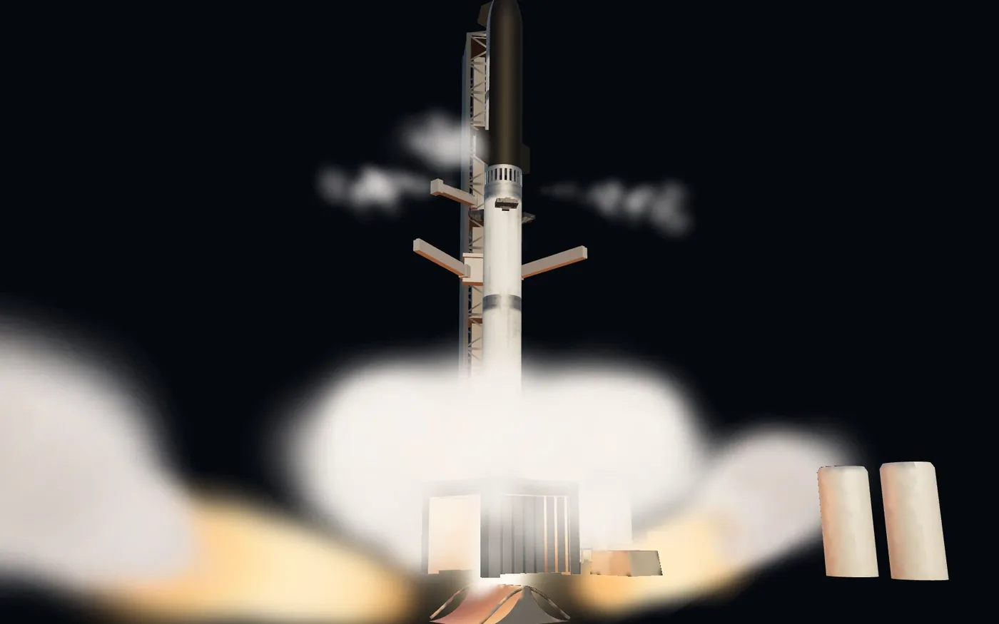 Starship lifting off its pad in steam and fire