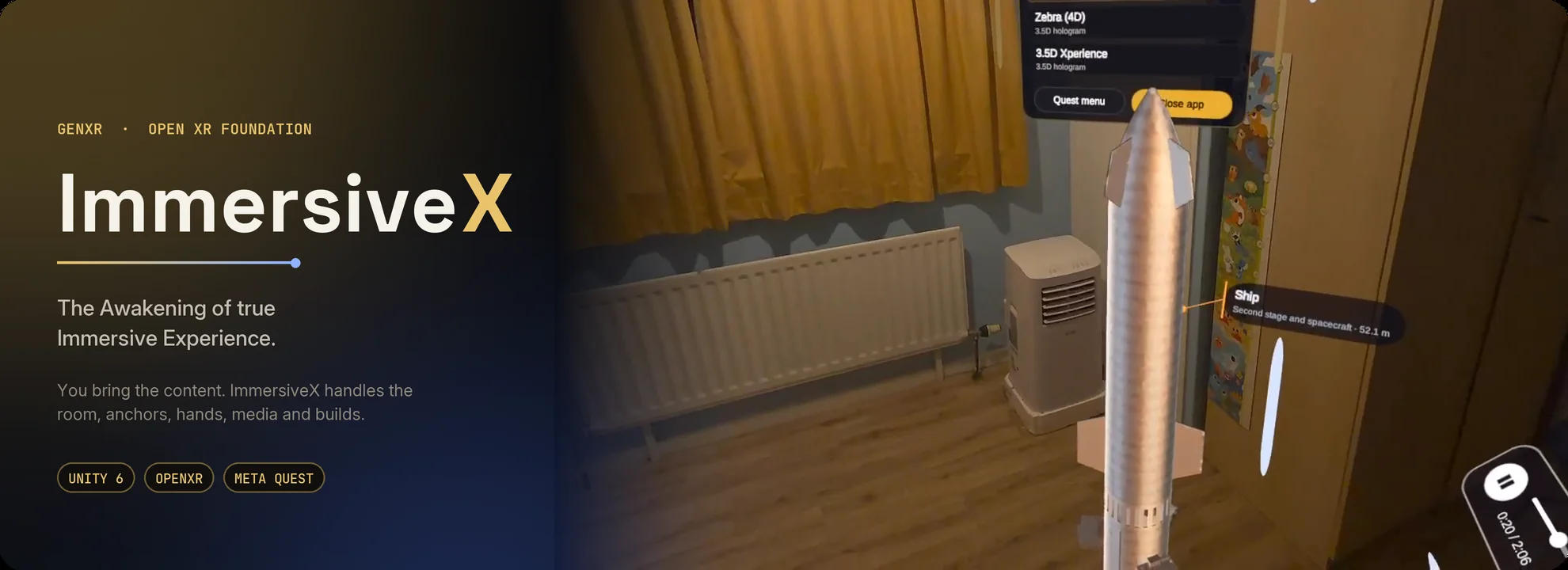 ImmersiveX on Meta Quest 3: a narrated 4D scene standing in a real room, with the content menu above it and a part's label beside it