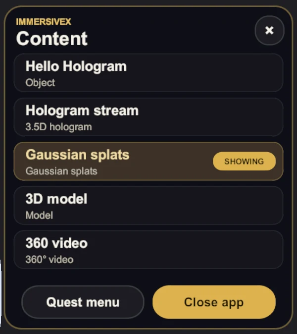 The ImmersiveX content menu: a list of content with the one showing highlighted, and Quest menu and Close app buttons